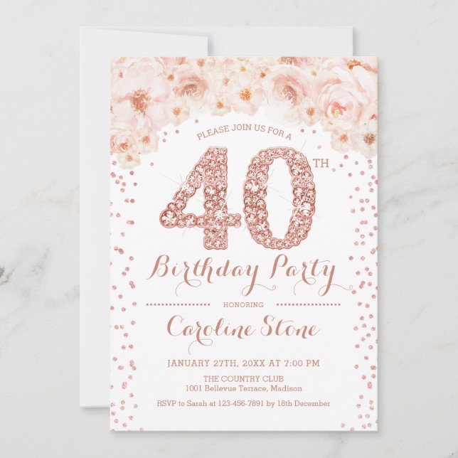 40th Birthday Party - White Rose Gold Invitation (Front)
