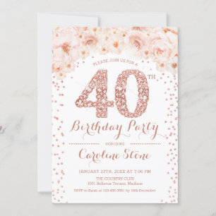 40th Birthday Party - White Rose Gold Invitation