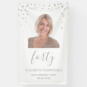 40th Birthday Party White Silver Confetti Photo Banner