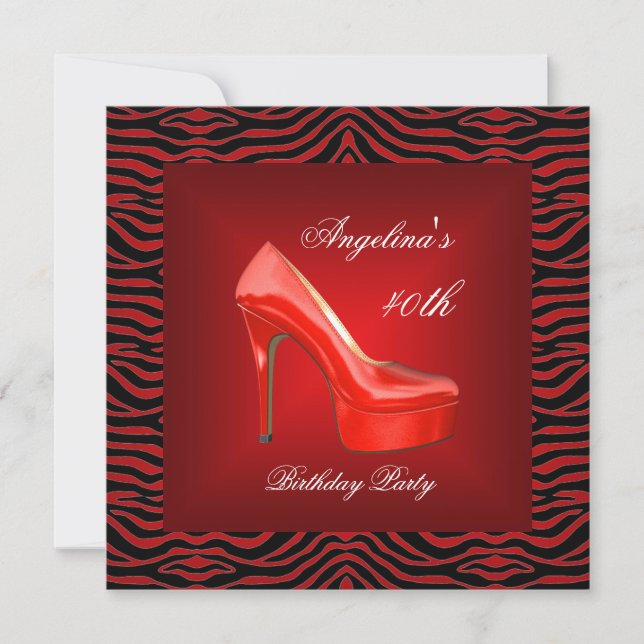 40th Birthday Party Zebra Black White Red Shoe Invitation (Front)