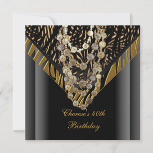 40th Birthday Party Zebra Gold Bronze Wild Black Invitation