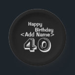 40th Birthday Personalized Black Paper Plate<br><div class="desc">Add a Name to these Custom 40th Birthday Party Supplies.  Say Happy Birthday with black with white typography text Over the Hill theme Celebration Paper Plate.</div>
