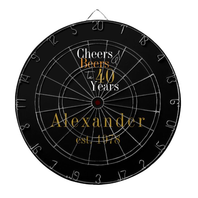 40th Birthday Personalized Cheers Beers Black Gold Dartboard (Front)