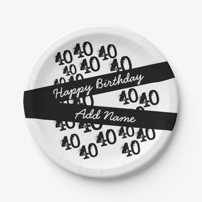 40th Birthday Personalized Funky Black White Paper Plate (Front)