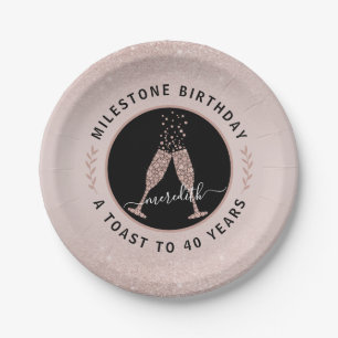 40th Birthday Personalized Glitter Champagne Toast Paper Plate