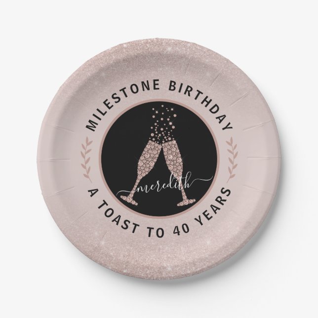 40th Birthday Personalized Glitter Champagne Toast Paper Plate (Front)
