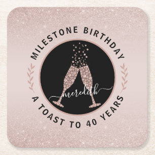 40th Birthday Personalized Glitter Champagne Toast Square Paper Coaster