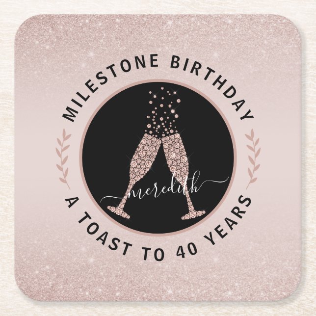 40th Birthday Personalized Glitter Champagne Toast Square Paper Coaster (Front)