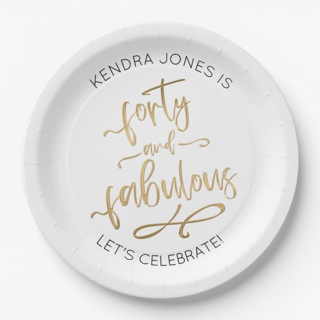 40th Birthday Personalized Gold Glitter Paper Plate (Front)