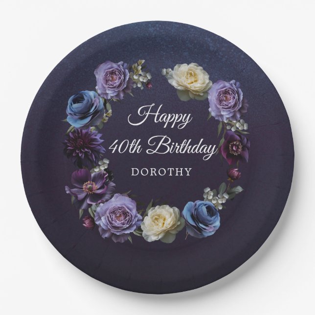 40th Birthday Personalized Moody Purple Flower Paper Plate (Front)