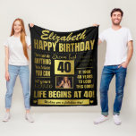40th Birthday Personalized Photo Fleece Blanket<br><div class="desc">A large sized modern typography 40th birthday design in black and gold. This fabulous fleece blanket can be personalized with the name of the fortieth birthday recipient, a photo and a message. It contains several birthday quotes including 'life begins at 40' and 40 years loved'. If you think someone needs...</div>
