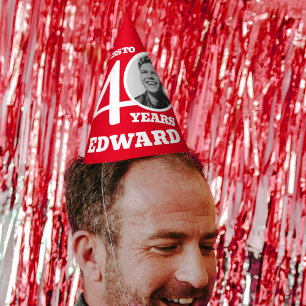 40th birthday personalized photo white red party hat