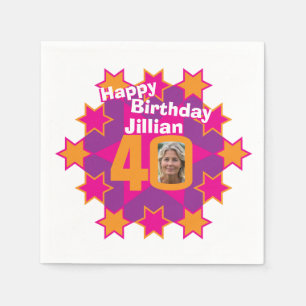 40th birthday photo and name pink star napkins