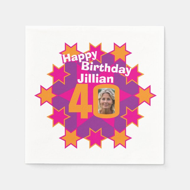 40th birthday photo and name pink star napkins (Front)