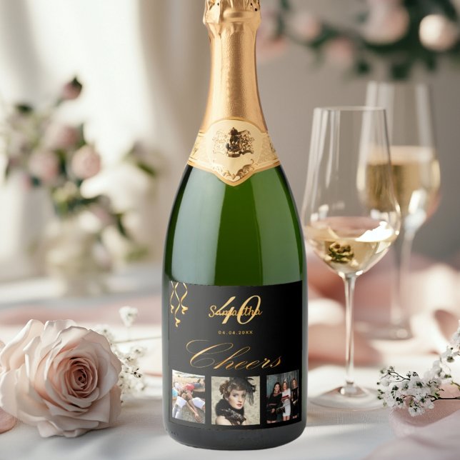 40th birthday photo black gold cheers script sparkling wine label (Creator Uploaded)