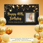 40th Birthday Photo Black Gold Stars Personalized Banner<br><div class="desc">Celebrate a 40th (or any age) birthday with this editable black and gold banner sign featuring two photos (perhaps Then and Now pictures) of him or her, the suggested title HAPPY 40TH BIRTHDAY in your choice of font styles and colours (shown in a brush stroke font in gold), personalized with...</div>