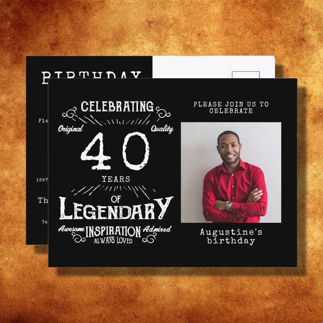 40th Birthday Photo Black Vintage Birthday Invites Postcard (Creator Uploaded)