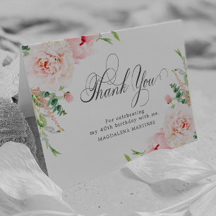 40th Birthday Photo Blush Pink Floral Folded Thank You Card