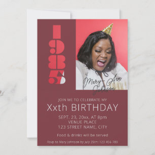 40th birthday photo born in 1985 burgundy red  invitation