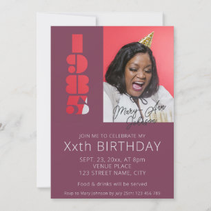 40th birthday photo born in 1985 purple  invitation