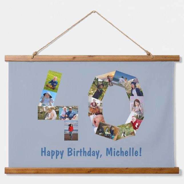 40th Birthday Photo Collage Age Number 40 Blue Hanging Tapestry (Front)