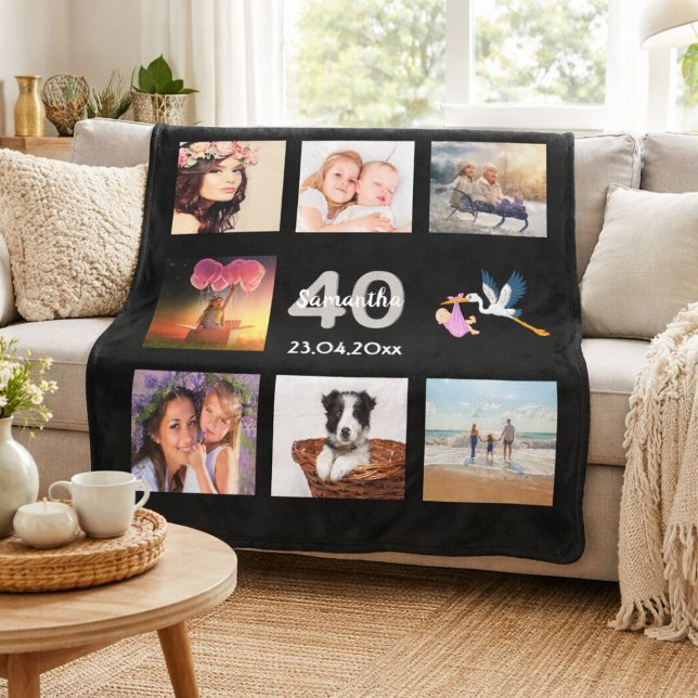 40th birthday photo collage black fleece blanket (Creator Uploaded)
