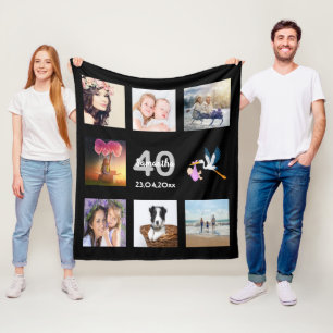 40th birthday photo collage black fleece blanket
