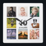40th birthday photo collage guy square wall clock<br><div class="desc">A wall clock as a gift for a 40th birthday for a guy,  celebrating his life with a collage of 8 of your own photos.  Templates for a name,  age 40 and a date.  Date of birth or the date of the anniversary.  Black coloured letters.  White background.</div>
