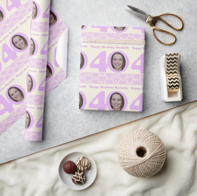 40th Birthday photo damask cream purple wrapping W Wrapping Paper (Crafts)
