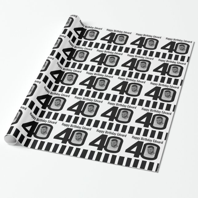 40th Birthday photo fun black and white wrapping Paper (Unrolled)