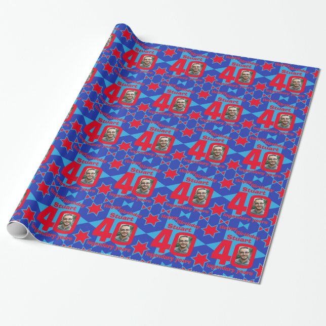 40th Birthday photo fun blue red gift wrap (Unrolled)