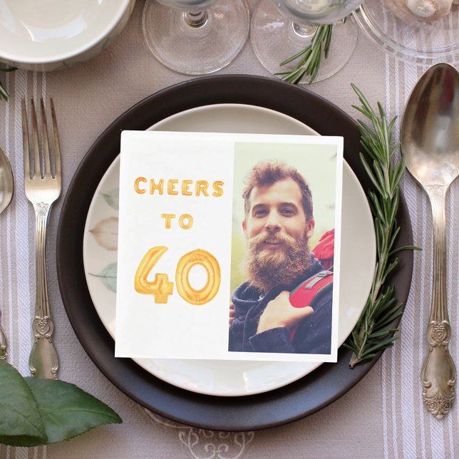 40th birthday photo gold balloons cheers luncheon napkin (Creator Uploaded)