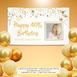 40th Birthday Photo Gold Stars Personalized Banner<br><div class="desc">Celebrate a 40th or any age birthday with this custom colour banner sign featuring one photo of him or her, gold stars and your custom text in your choice of font styles and colours. The sample suggests HAPPY 40TH BIRTHDAY NAME shown in a gold brush script typography on a white...</div>