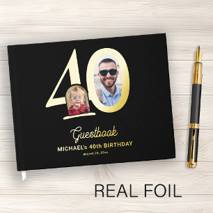 40th Birthday photo name black gold Guest Book