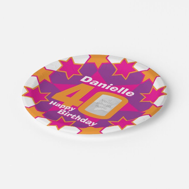 40th birthday photo name pink star paper plate (Angled)
