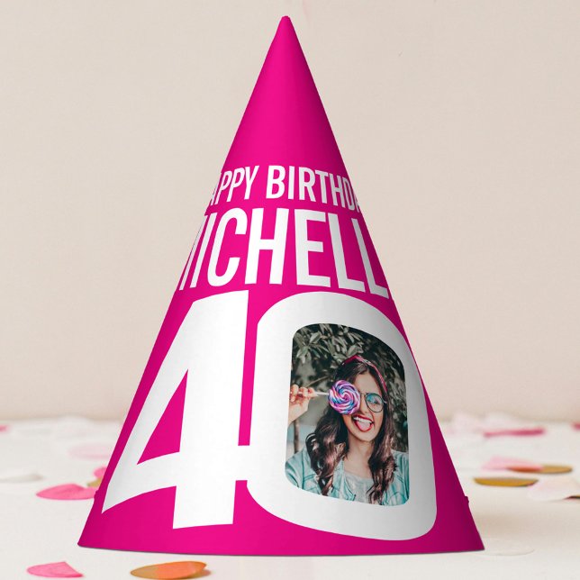 40th birthday photo personalized white pink party hat (Creator Uploaded)