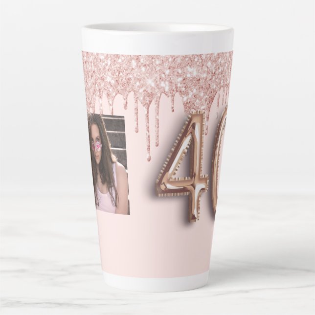 40th birthday photo rose gold glitter pink balloon latte mug (Front)