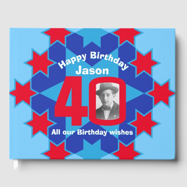 40th birthday photo star red blue guest book (Front)