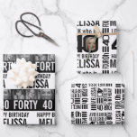 40th birthday photos mono black and white wrapping paper sheet<br><div class="desc">Simple black and white 40th birthday wrapping. Mono graphic birthday milestone wrapping paper with photo placeholders for your own photos customize with your own name. Other matching 40th items are available. Unique design by www.mylittleeden.com</div>