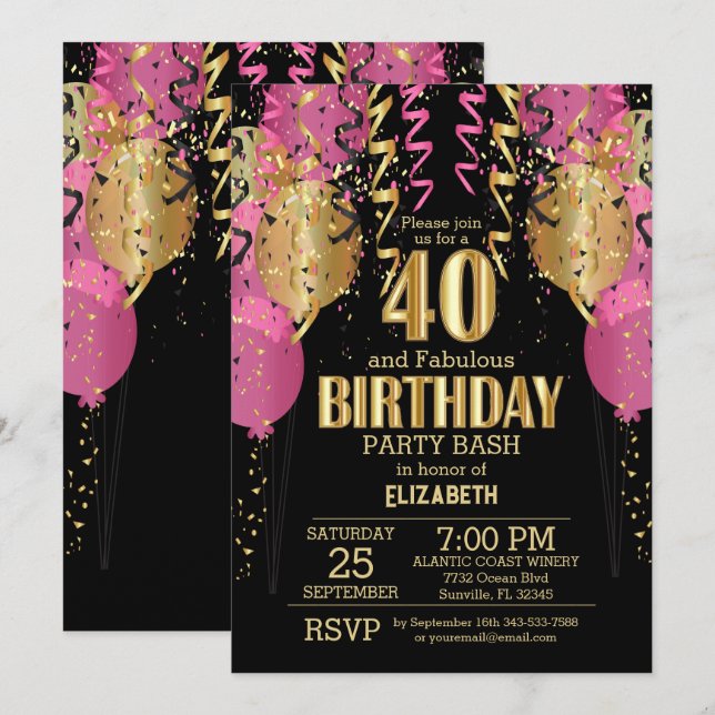 40th Birthday - Pink Balloons  Invitation (Front/Back)