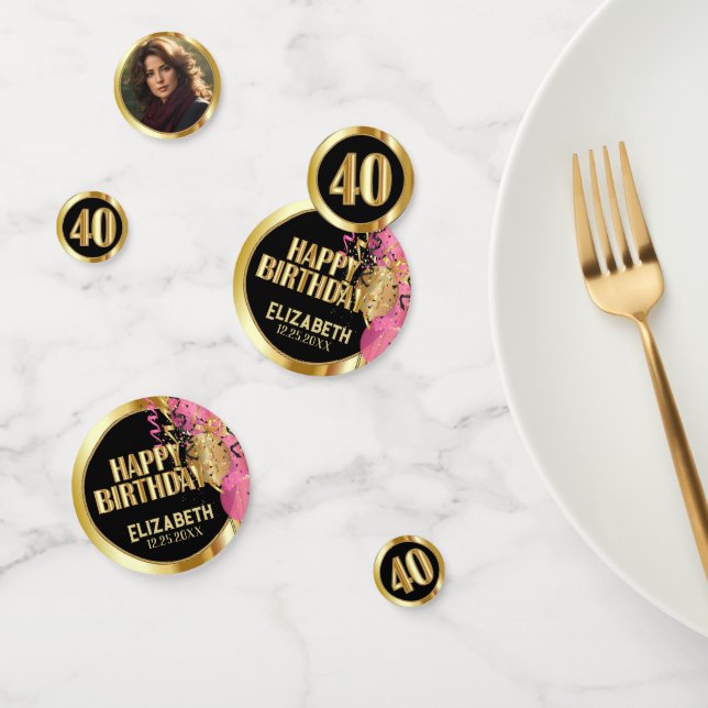 40th Birthday - Pink, Black and Gold - Photo Confetti (Group)