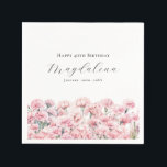 40th Birthday Pink Carnation January Birth Flower Napkin<br><div class="desc">Perfect table decor for a January birthday party. Carnation is the birth flower for that month. It forms a pretty watercolor floral bottom border on this festive personalized napkin. The birthday celebrant's name,  age and birthdate are placed above it using elegant calligraphy and typography. All text is editable.</div>