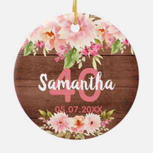 40th birthday pink floral rustic brown wood name ceramic ornament