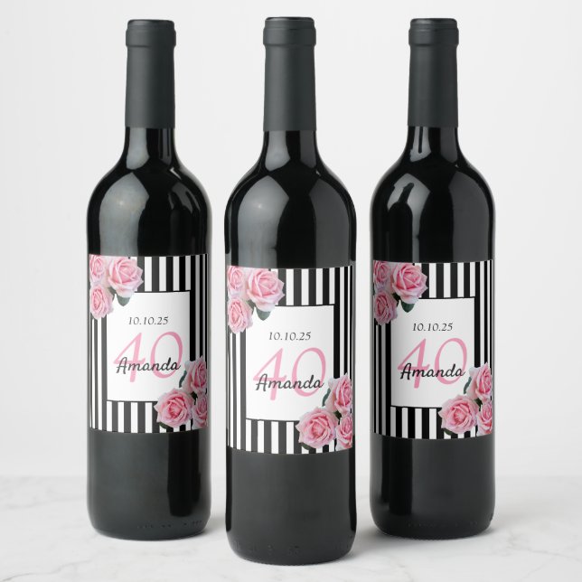 40th birthday pink florals on black white stripes wine label (Bottles)