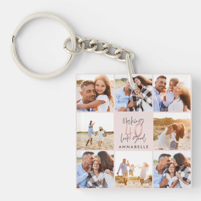 40th birthday pink girly glitter photo collage keychain (Front)
