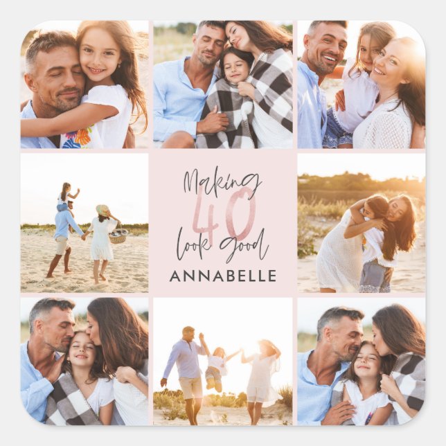40th birthday pink girly glitter photo collage square sticker (Front)