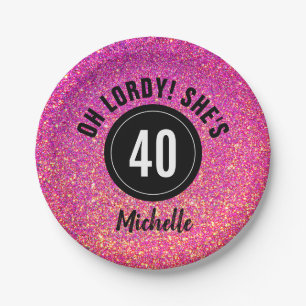 40th Birthday Pink Glitter Sparkle Personalized Paper Plate