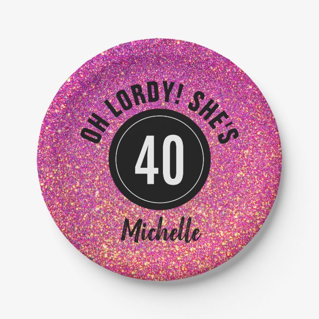 40th Birthday Pink Glitter Sparkle Personalized Paper Plate (Front)