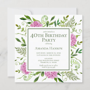 40th Birthday Pink Hydrangeas Invitation