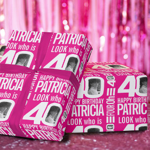 40th birthday pink look 40 custom photo and name wrapping paper